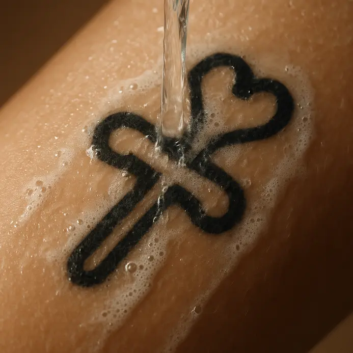 Clean hands using lukewarm water and a mild antibacterial soap to wash a new forearm tattoo.