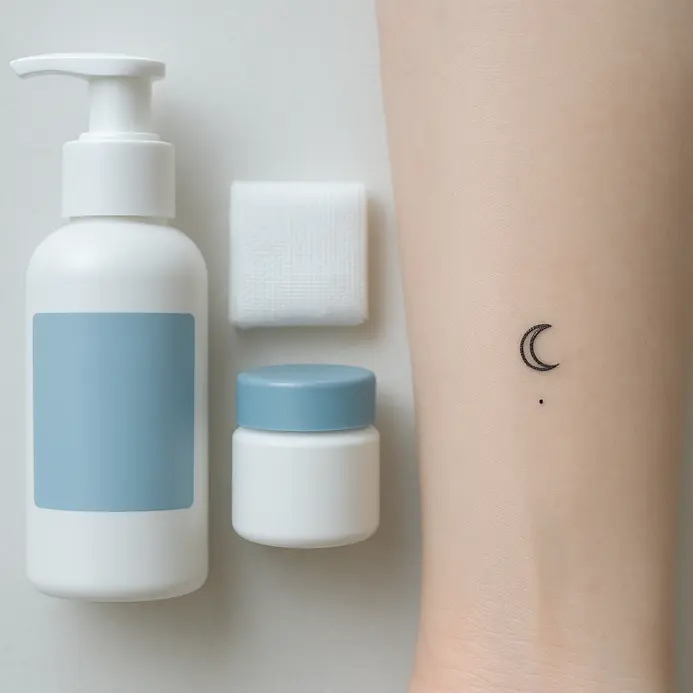 A minimalist setup for daily tattoo care featuring a bottle of soap, a tube of lotion, and a roll of paper towels.