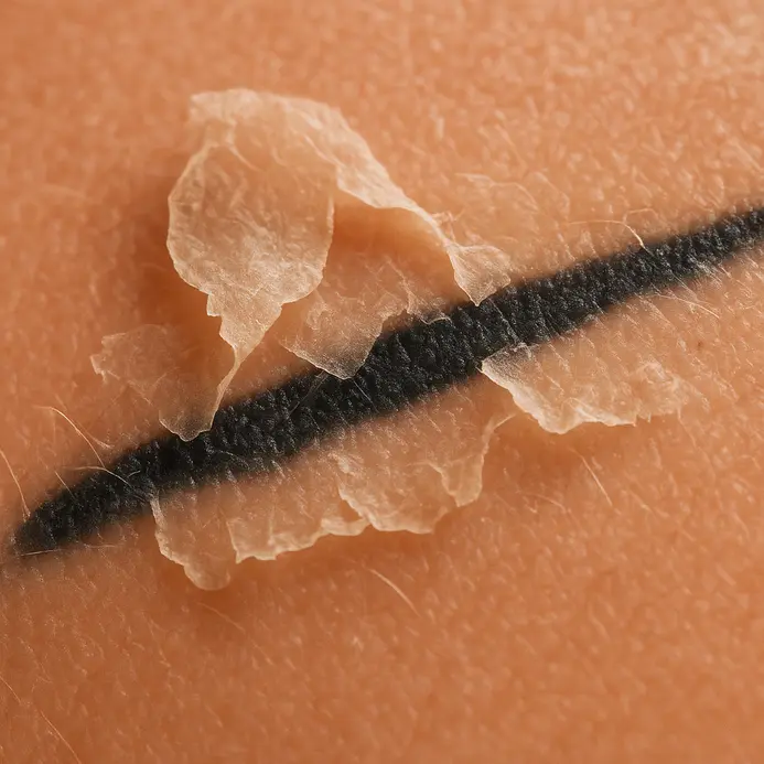A detailed view of a healing tattoo on day five, showing minimal, thin scabs and natural flaking.