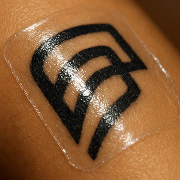 A fresh leg tattoo covered with a waterproof, breathable protective film for showering.
