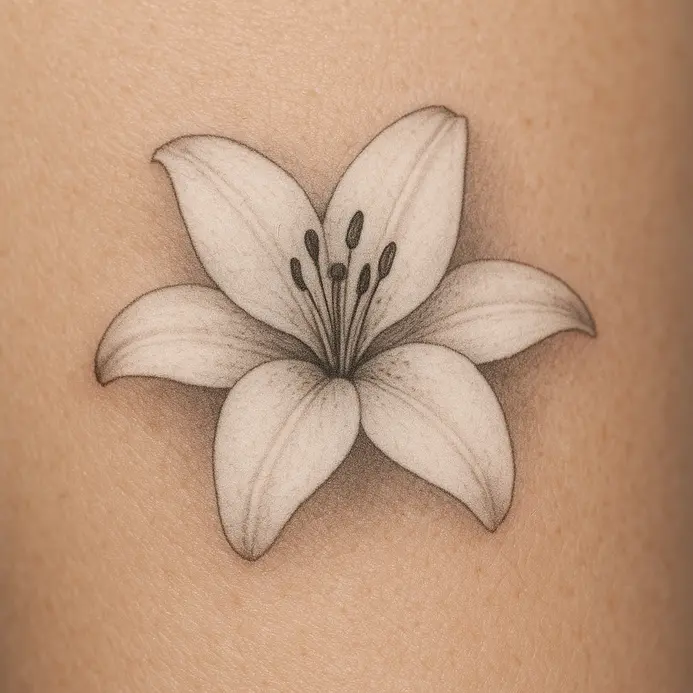 A single, pristine white lily symbolizing purity and resurrection lies on a dark cloth.