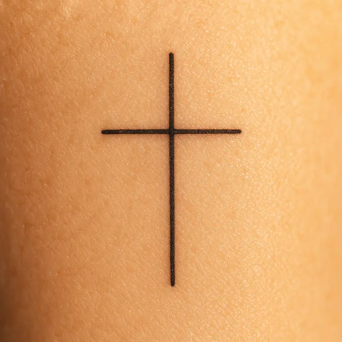 A wrist bearing a delicate, fine-line cross tattoo in a moment of quiet contemplation.