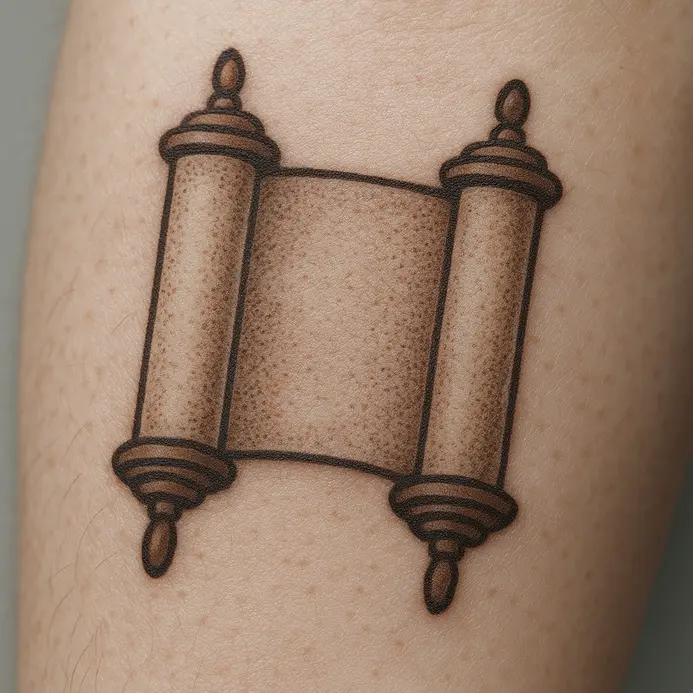 A Torah scroll partially unrolled next to a contemporary sketchbook with abstract designs.