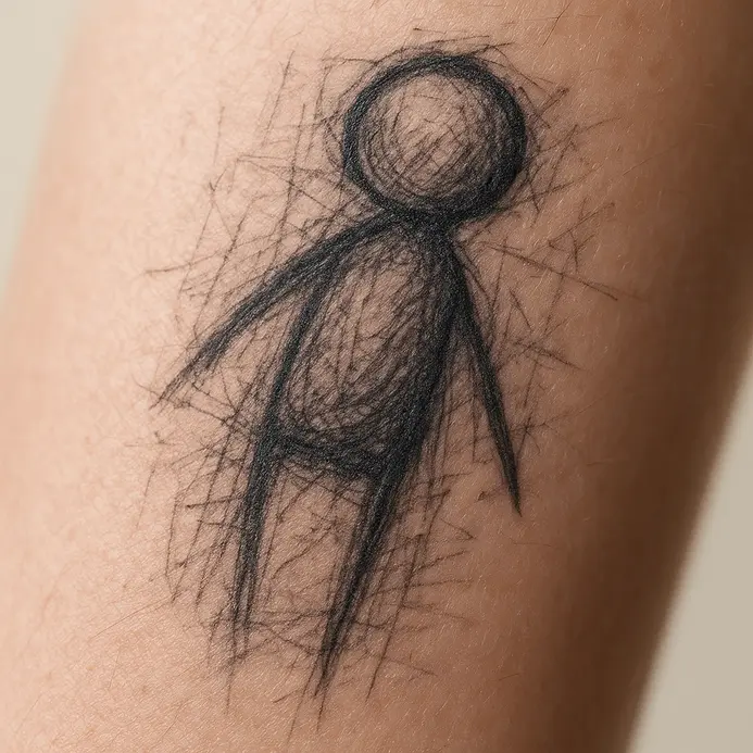 A person holds a pencil, looking thoughtfully at a sheet of paper with several tattoo design concepts.