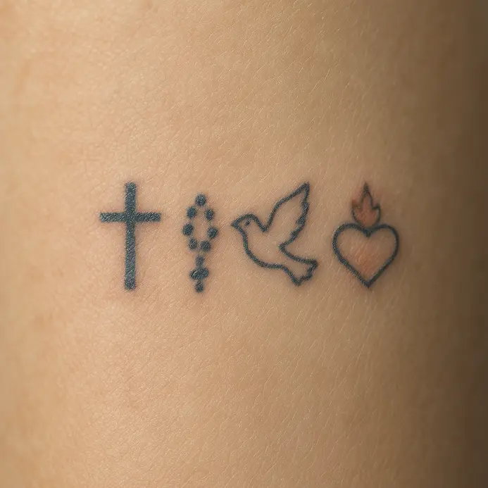 A simple arrangement of symbols including a cross, a dove, and a fish on a neutral background.