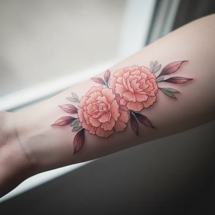 A delicate line drawing of layered carnations in a small bouquet tattooed along a forearm.