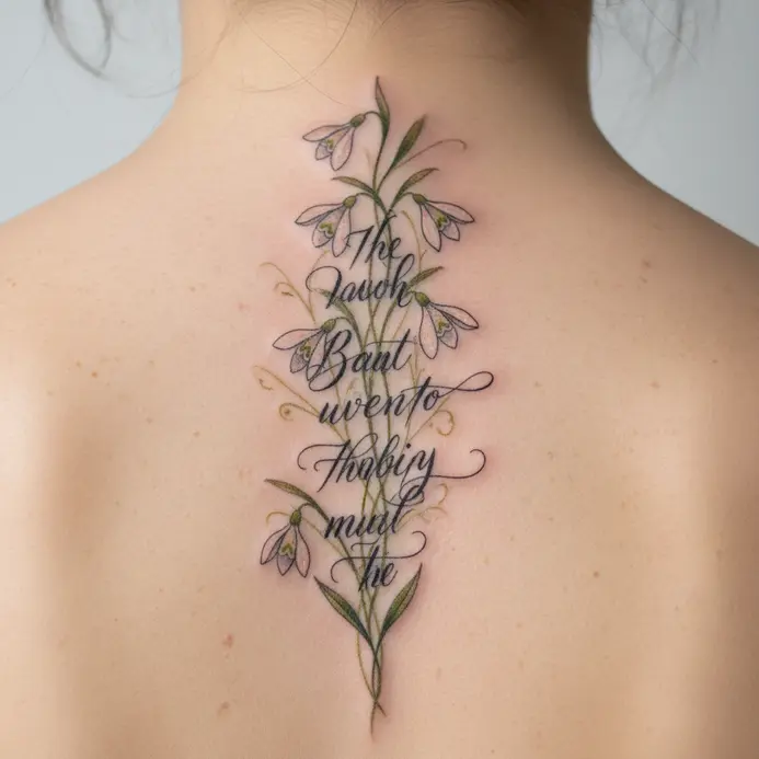 A fine-line snowdrop stem with a small blossom woven through a line of cursive script tattooed along the spine.