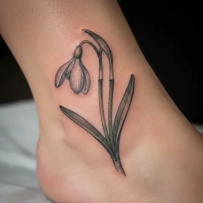 A detailed snowdrop flower tattooed in a fine etching style with cross-hatching on an ankle.