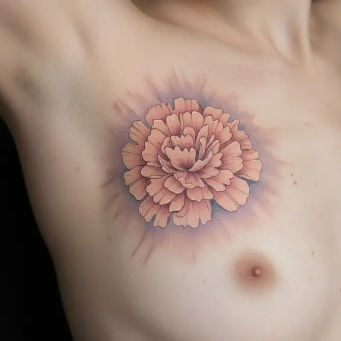 A soft, colorful carnation tattoo with watercolor-style blends and ruffled petals along the ribs.