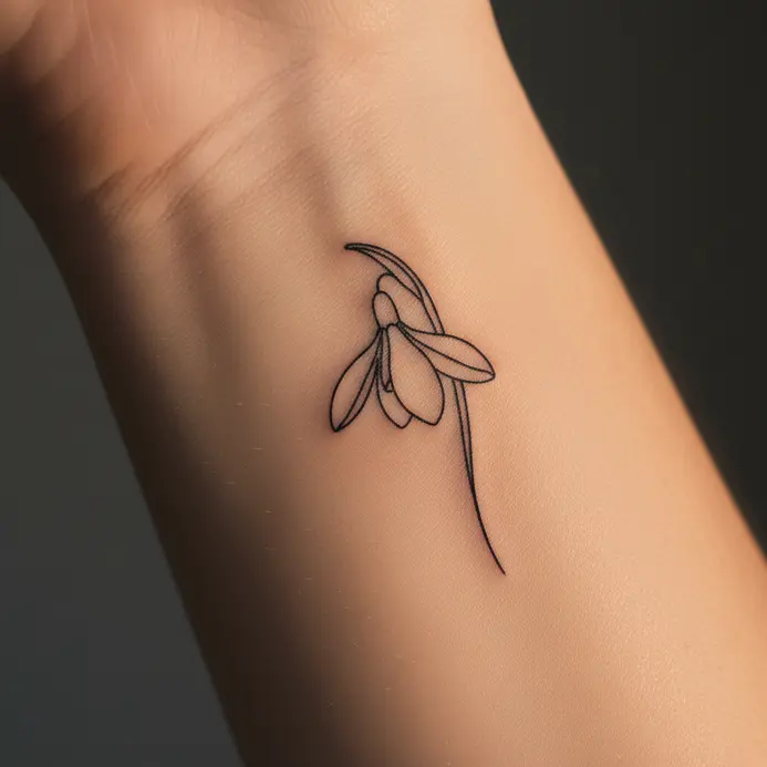 A simple, clean outline of a single bell-shaped snowdrop tattooed on the side of a wrist.