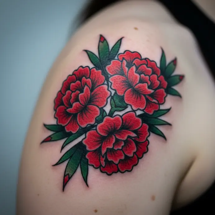 A classic American traditional style carnation tattoo with bold black outlines and solid red color on a shoulder.