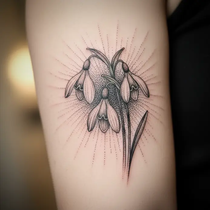 A cluster of three snowdrop flowers created with stippling and dotwork shading tattooed on an inner bicep.