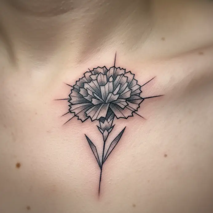 A stylized carnation formed from intersecting geometric lines and shapes tattooed along the collarbone.