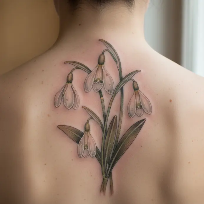 A hyper-realistic tattoo of several snowdrop flowers with dewdrops hanging from slender stems on the upper back.