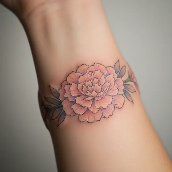 A wrap-around arm band tattoo featuring soft pink and peach carnations with gentle shading.