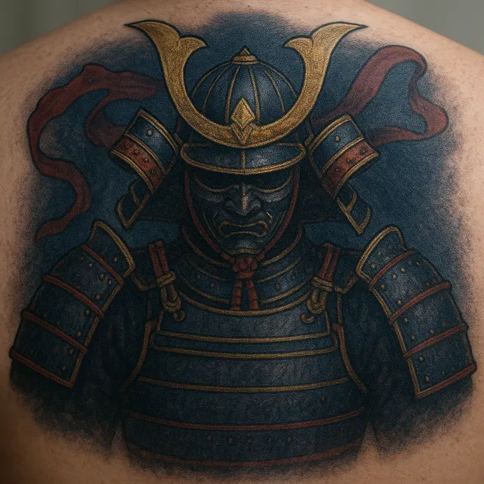 A traditional Japanese tattoo depicting a samurai in full ornate armor standing amidst swirling clouds on a back.
