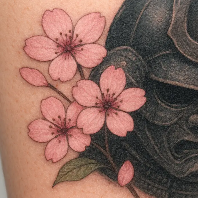 A Japanese tattoo design where a stoic warrior figure is integrated with a background of softly falling sakura blossoms.