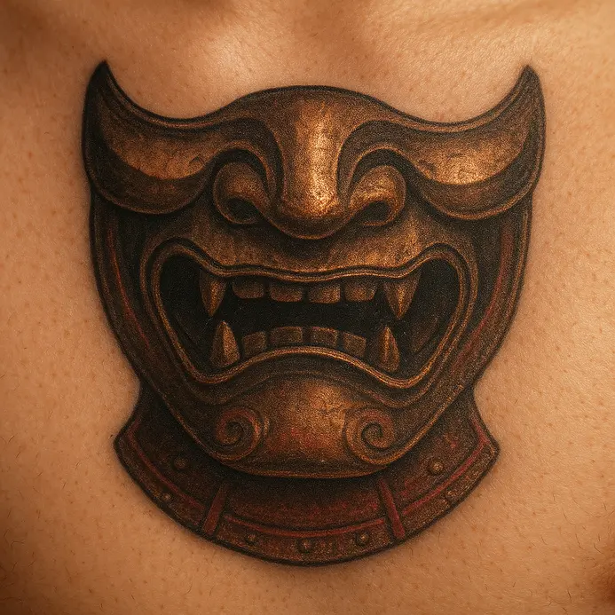 A detailed tattoo on the chest featuring a traditional samurai menpo face mask with fierce metallic textures.