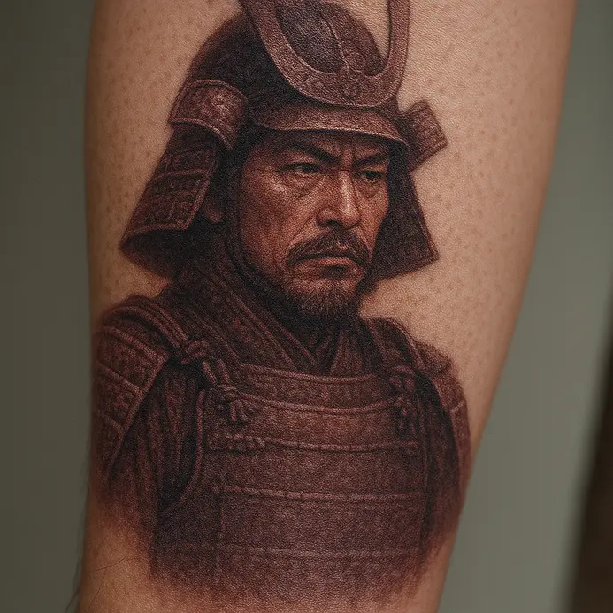 A composed tattoo portrait grouping the three great unifiers of Japan, each with distinct armor and demeanor.