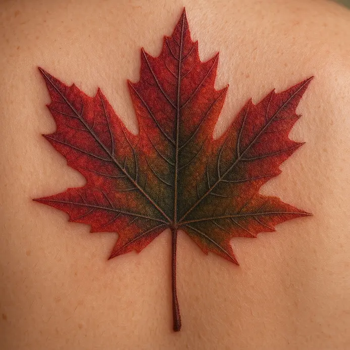 A full back tattoo where a samurai figure is surrounded by a dramatic backdrop of red and gold autumn maple leaves.