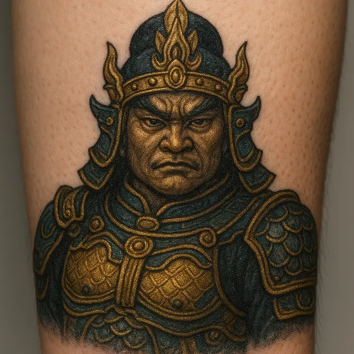 A traditional Japanese tattoo depicting Bishamonten in full armor, holding a spear and a miniature pagoda.