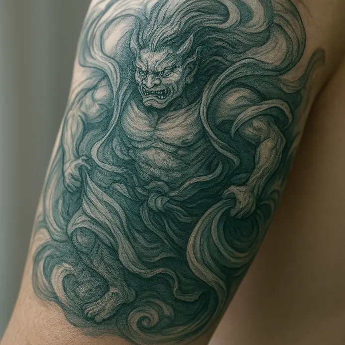 A dynamic sleeve tattoo showing Fujin with wild hair, holding a bag of winds that billows across the arm.
