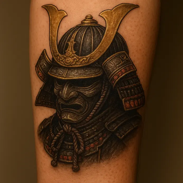 A highly detailed tattoo study of a traditional Japanese kabuto helmet, showcasing its maedate crest and lacing.