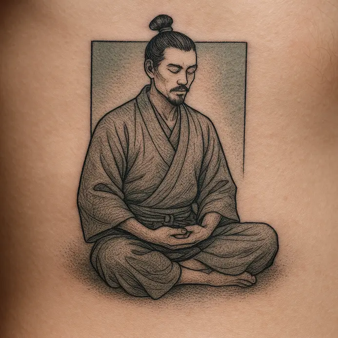 A tattoo along the ribs depicting a samurai seated in meditation, his katana resting across his lap.