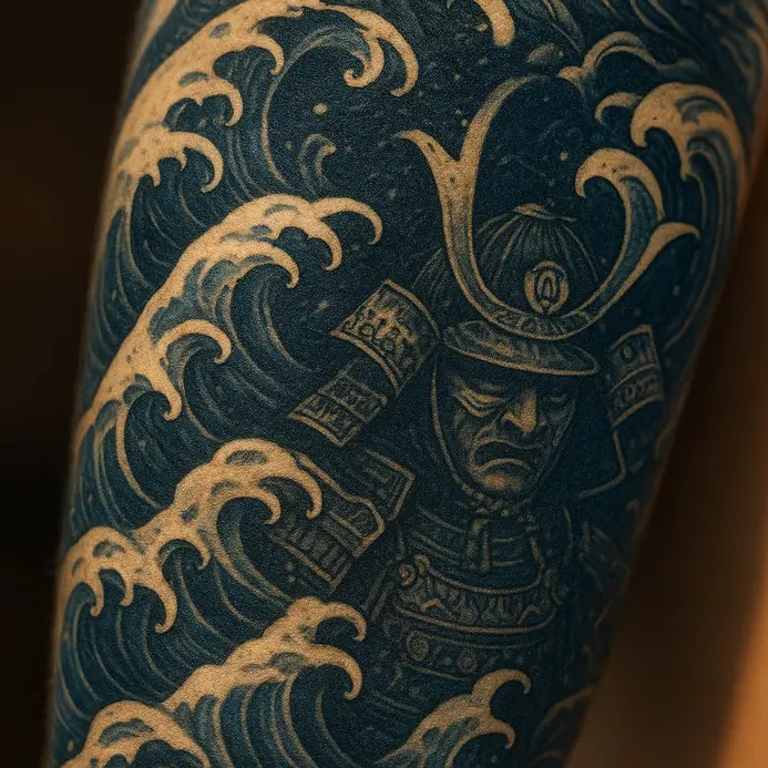 An Irezumi style sleeve tattoo where a samurai figure stands against or within large, traditional Japanese waves.