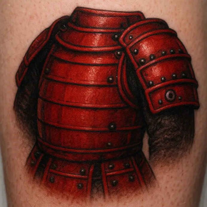 A vibrant tattoo portrait of Sanada Yukimura, famous for his red armor and defiant stance.