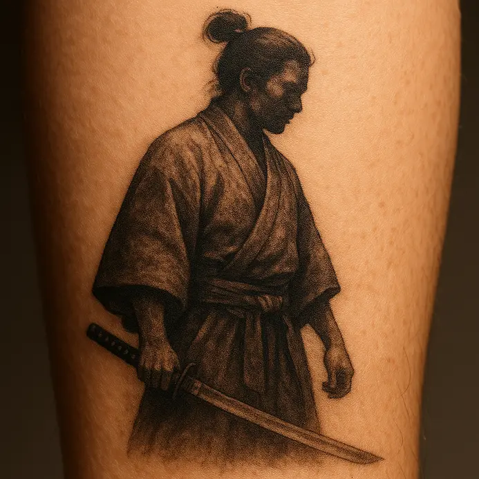 A black and grey tattoo on a forearm featuring a portrait of Miyamoto Musashi with a focused expression.