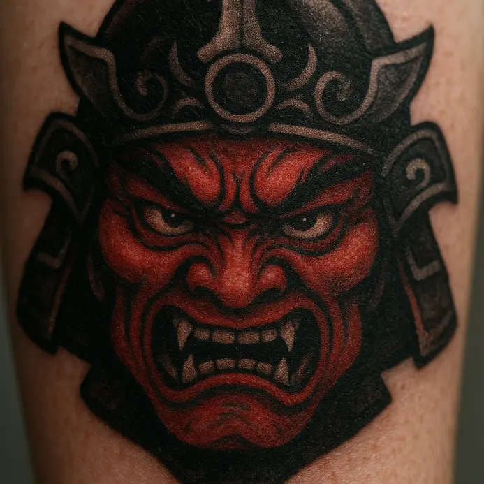 A close-up tattoo focusing on the angry, powerful face of a Japanese mythological deity or guardian figure.