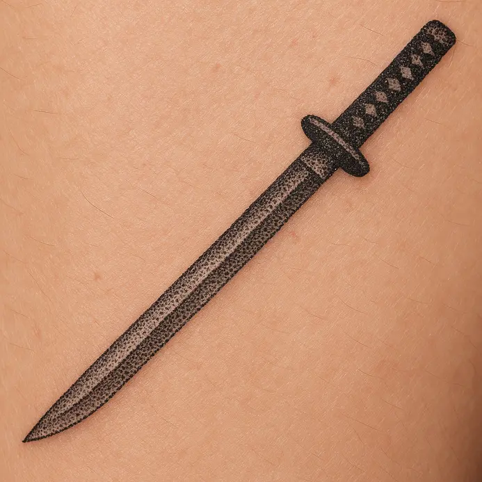 A tattoo of a katana or warrior weapon created entirely with fine stippling dots for a textured, modern effect.