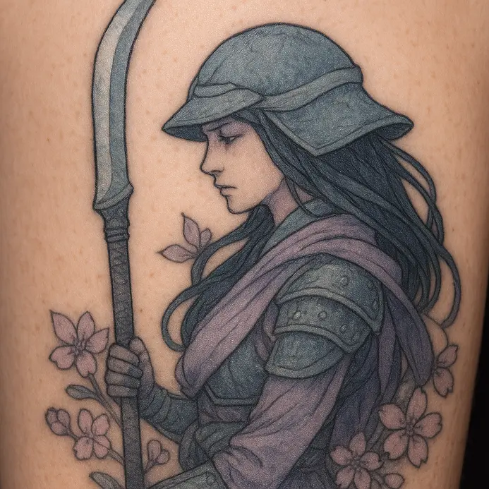 A Japanese tattoo sleeve on a shoulder depicting an onna-bugeisha in flowing robes holding a naginata spear.