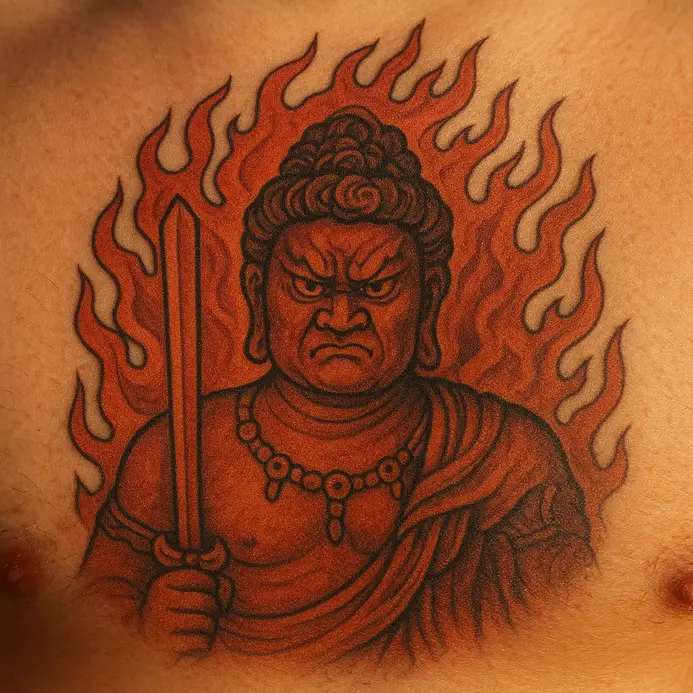 A vibrant chest piece tattoo showing Fudo Myoo, the Immovable Wisdom King, with a sword and rope amidst swirling flames.