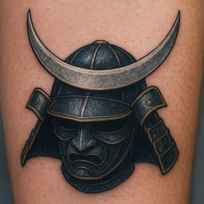 A close-up tattoo design of the distinctive crescent moon kabuto helmet worn by the daimyo Date Masamune.