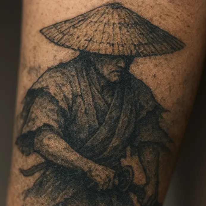 An Irezumi style sleeve tattoo of a ronin wearing a straw hat and tattered clothing, holding a katana.