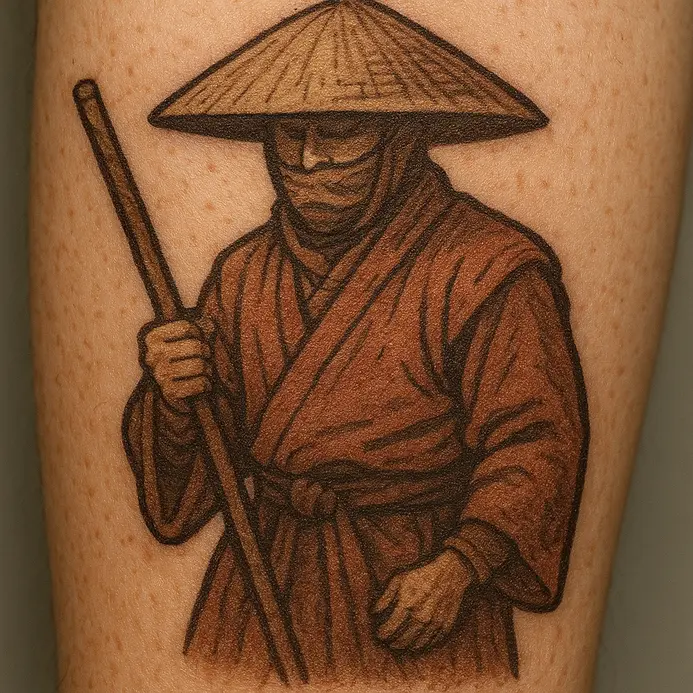 A Japanese tattoo depicting a fierce Sohei warrior monk in traditional robes, brandishing a large kanabo weapon.
