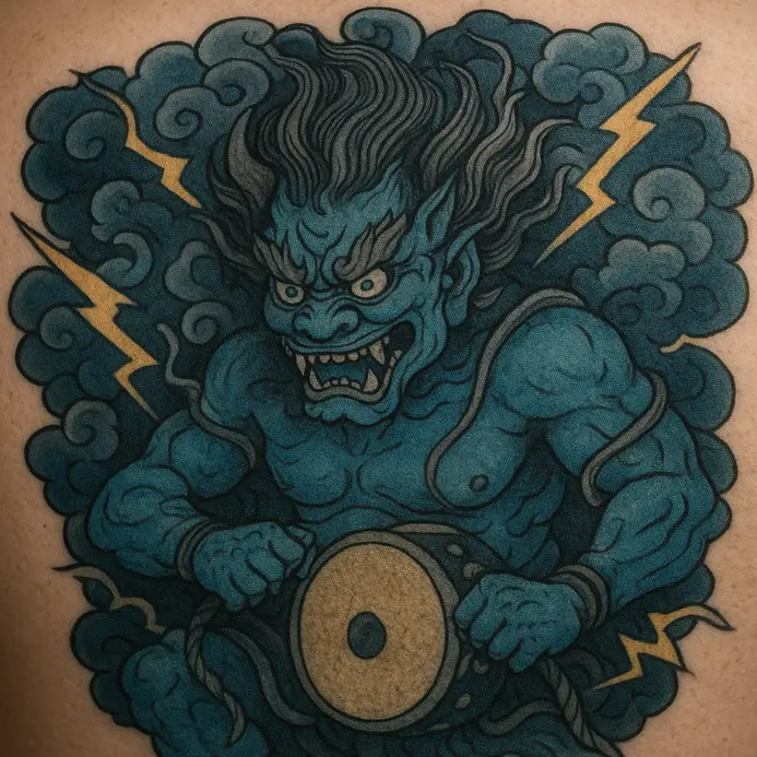 A full back piece tattoo showing Raijin, a muscular god surrounded by drums and crackling lightning bolts.