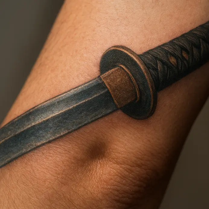 A dynamic sleeve tattoo of a samurai in a mid-action pose, unsheathing his katana with intense focus.