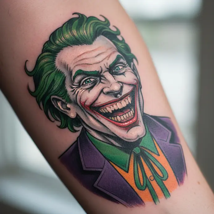 A vibrant tattoo of the classic comic book Joker's face with a wide, exaggerated grin and bright green hair.