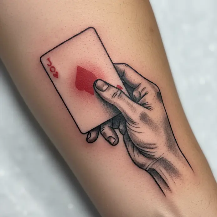 A tattoo depicting a hand holding a single Joker playing card between its fingers.