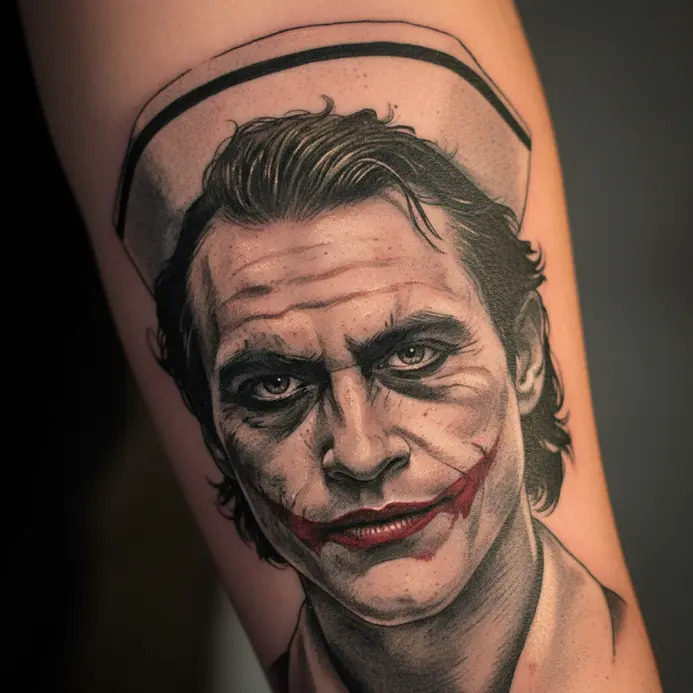 A black and grey realism tattoo of Heath Ledger's Joker wearing a nurse's uniform and smeared red lipstick.
