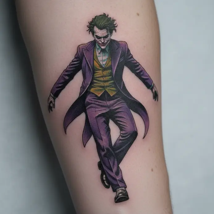A full-figure tattoo of the Joker in a purple suit, captured in a dynamic, laughing pose.