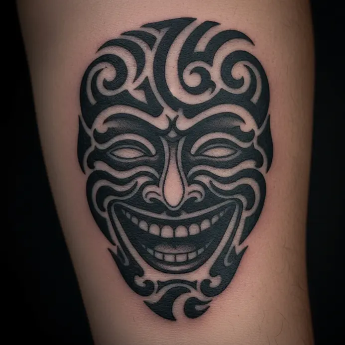 A stylized tribal tattoo forming the shape of a Joker's laughing mask with flowing black lines.