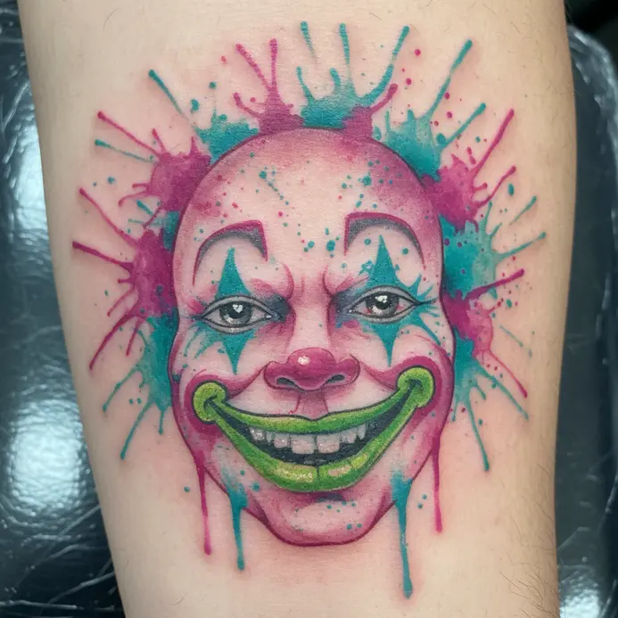 A watercolor tattoo of a Joker face with green and purple paint splatter effects and soft edges.