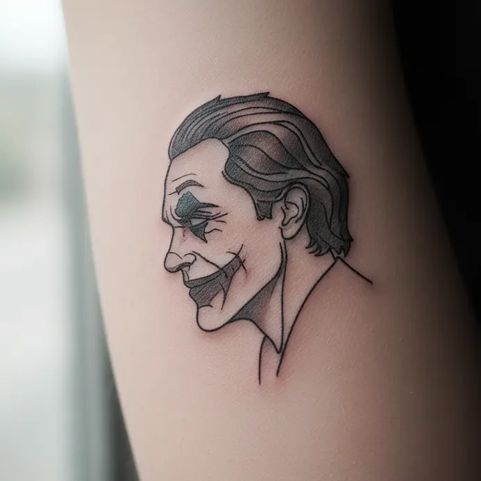 A simple, single-line tattoo outlining the silhouette of the Joker's profile with his distinctive hair.