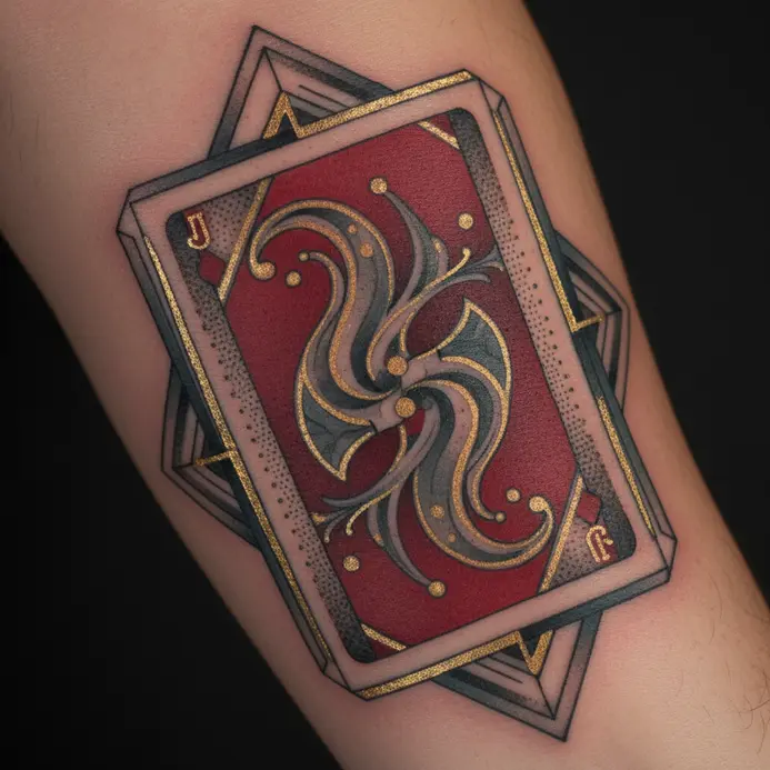 A geometric tattoo with sharp lines and shapes framing a central Joker playing card design.