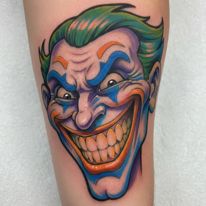 A New School tattoo of the Joker featuring cartoonish proportions, a massive grin, and vibrant colors.