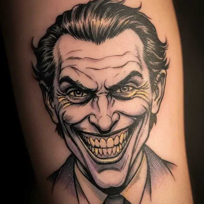 An illustrative tattoo of the Joker rendered in the clean, detailed comic book style of artist Brian Bolland.